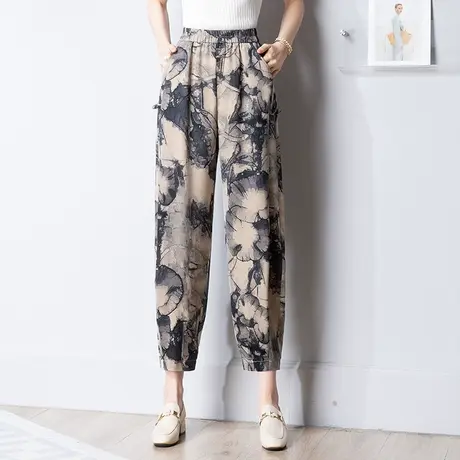 印花哈伦裤女夏季2023新款中老年松紧腰大码显瘦休闲九分裤萝卜裤商品大图