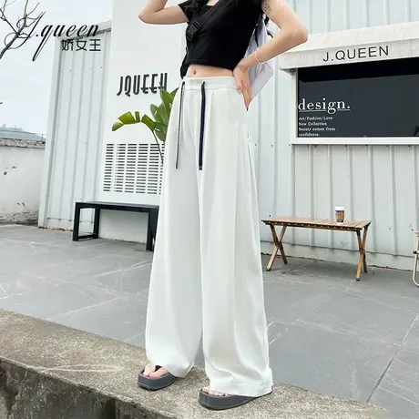 白色阔腿裤女垂坠感夏季新款洋气设计感宽松休闲抽绳拖地长裤子商品大图