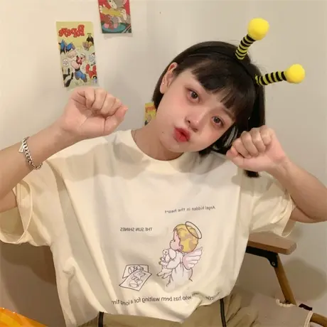 红续基础款可爱小天使温柔风短袖T恤女夏季新款纯棉宽松百搭上衣图片