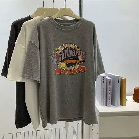 磨毛棉宽松大码卡通印花加厚短袖T恤女春季中长款慵懒风休闲上衣商品大图