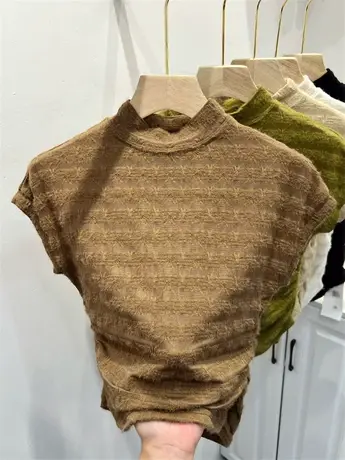 植绒网纱蕾丝衫褶皱收腰T恤女无袖2023早秋新款上衣飞飞袖打底衫商品大图