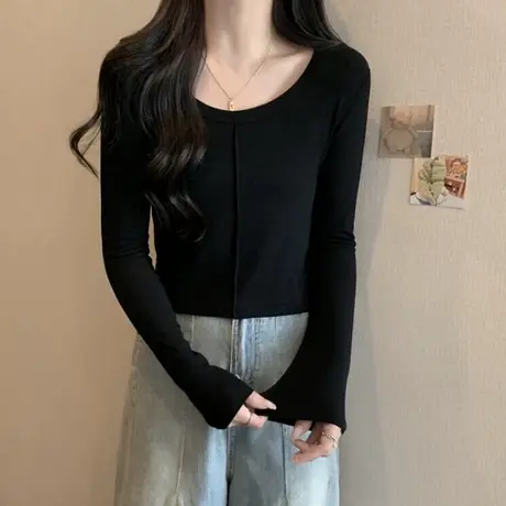 简约纯色长袖T恤女初秋洋气减龄德绒磨毛打底小衫短款修身上衣潮商品大图