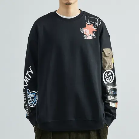 涂鸦印花贴标卫衣男秋冬新款百搭休闲潮打底上衣韩版长袖T恤商品大图