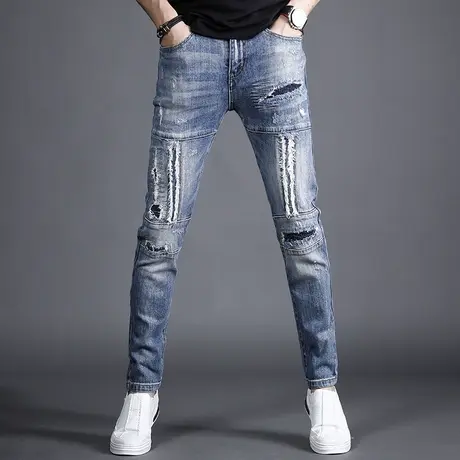 美式高街牛仔裤男夏季薄款修身小脚男士个性乞丐破洞潮牌新款裤子商品大图