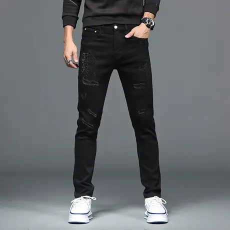 美式破洞印花小脚牛仔裤水洗修身休闲时尚男士裤子直筒裤时尚牛仔商品大图