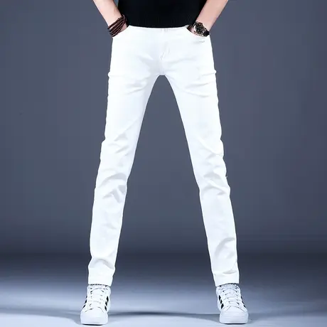 男士高级白色牛仔裤男款修身小脚弹力秋款2023新款裤子男高端潮牌商品大图