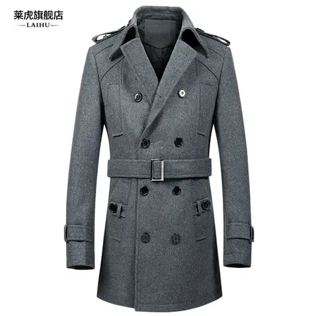 男士风衣中长款韩版修身加厚冬季羊毛呢子大衣男休闲英伦时尚外套图片