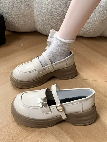 黑色金属蝴蝶厚底小皮鞋女2023春秋新款增高英伦风复古玛丽珍单鞋图片