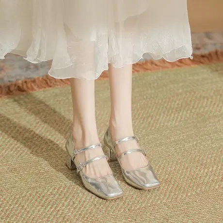 2023年夏季新款漆皮气质亮面单鞋温柔风一字带方头粗跟中跟高跟鞋图片