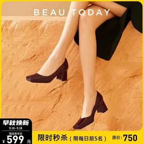 BeauToday法式复古方头玛丽珍女鞋BT新款真皮粗跟高跟鞋小皮鞋女图片