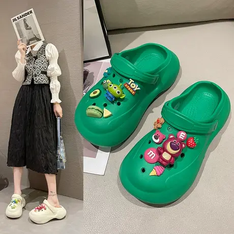 卡通洞洞鞋女夏季ins潮时尚外穿可爱小熊厚底增高防滑包头凉拖鞋商品大图