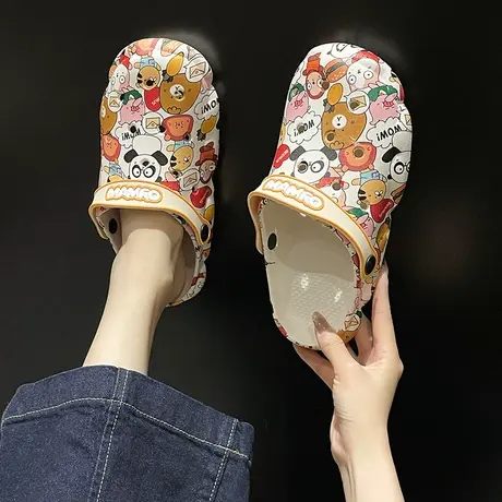 卡通可爱印花洞洞鞋女夏季外穿ins潮时尚厚底包头两穿防滑凉拖鞋商品大图
