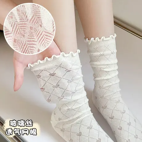 黑白色袜子女中长筒春秋夏季薄款短袜潮搭配小皮鞋的堆堆棉袜花纹图片