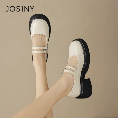 Josiny/卓诗尼厚底玛丽珍鞋女2024春季新款黑色粗跟学院风小皮鞋商品大图