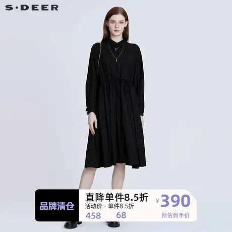 sdeer圣迪奥女装休闲翻领收腰抽褶拼接衬衫连衣裙S22161206图片