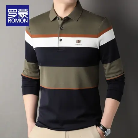 罗蒙长袖Polo衫男士商务休闲条纹上衣服春秋季新款潮流翻领t恤男T图片