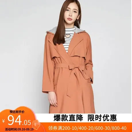 艾格2023春季女装时尚外套百搭系带优雅中长款纯色连帽风衣W952图片