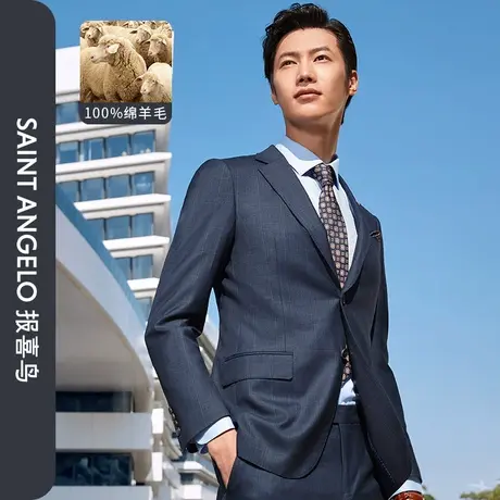 报喜鸟春季新款男装商务正装西服套装羊毛格纹两粒扣职业上班西装图片