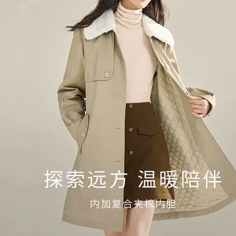 茵曼旗舰店夹棉保暖加厚风衣外套女2023冬新款中长款气质通勤大衣图片