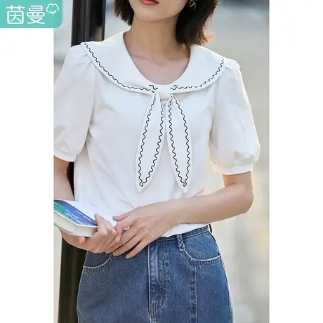 茵曼刺绣海军翻领T恤女士2023夏季新款泡泡袖宽松显瘦气质学院风图片