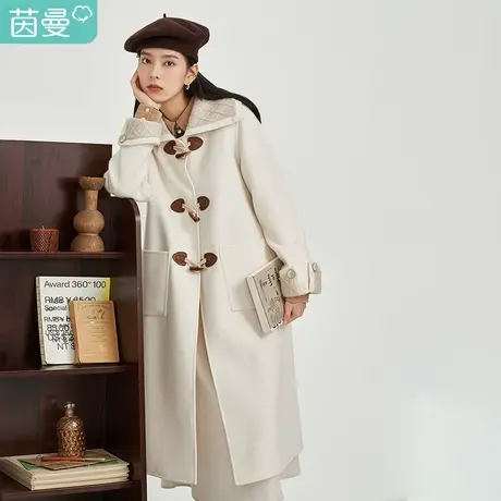 【商场同款】茵曼百搭女2021冬季新款牛角扣拼接甜美休闲毛呢外套图片