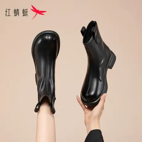 红蜻蜓黑色英伦风厚底短靴女2023新款秋季瘦瘦切尔西靴真皮马丁靴商品大图