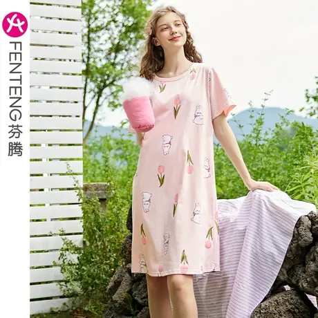 芬腾睡裙女纯棉短袖夏季薄款少女睡衣裙卡通可爱短裙加大码家居服商品大图