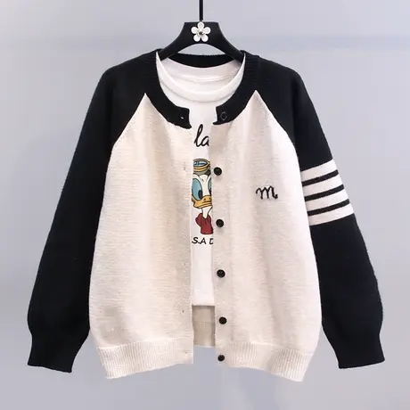 撞色后背兔子提花单排扣针织衫女2023年春装新款宽松外搭毛衣外套图片