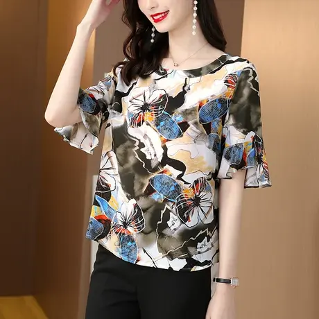 新款雪纺衫女夏季短袖上衣碎花高端减龄洋气小衫2023新品轻薄别致商品大图