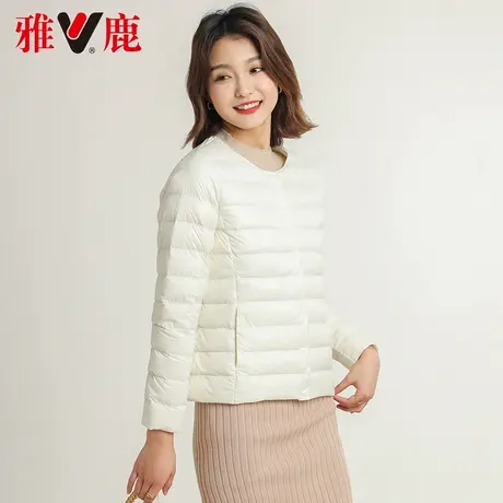 雅鹿白色羽绒服女圆领短款2022秋冬新款时尚休闲宽松轻薄款外套潮商品大图
