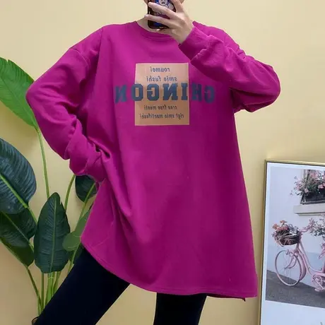 宽松字母印花中长款大版T恤卫衣女2023秋季新款显瘦设计感小众潮商品大图