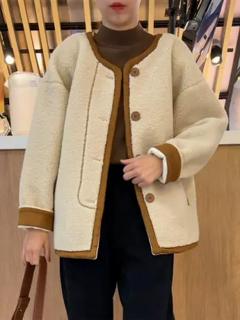 复古韩版撞色秋冬款女毛毛外套韩版宽松加厚冬季羊羔毛百搭上衣潮图片