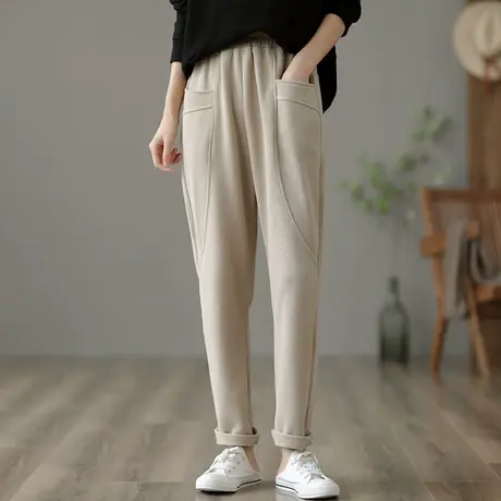 dza 高腰显瘦休闲加绒裤子女士冬季卫裤宽松运动裤加厚直筒哈伦裤商品大图