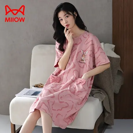 猫人纯棉睡裙夏季薄新款圆领短袖睡衣甜美可爱中长款夏天家居服女图片