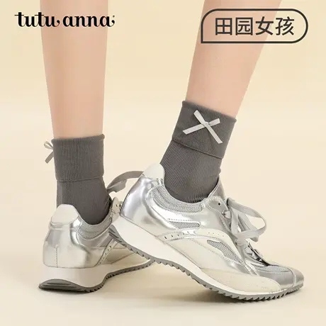 tutuanna春夏女士中筒袜 田园女孩蝴蝶结刺绣花边棉质透气短袜女商品大图