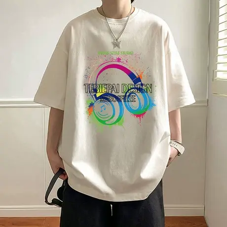 短袖T恤男夏季2025新款重磅纯棉半袖音乐耳机港风宽松男生体恤衫商品大图