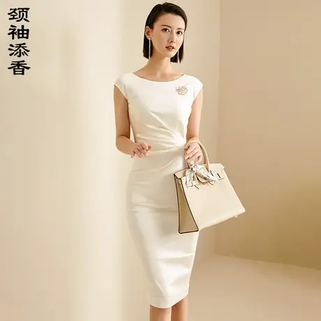 颈袖添香2024新款修身包臀收腰显瘦职业气质无袖中长款白色连衣裙图片
