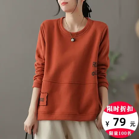 dza 复古圆领套头加绒卫衣女2023冬新款宽松短款纯棉上衣长袖外套商品大图