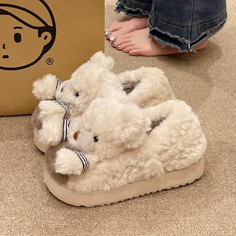 月子棉拖鞋女冬季外穿可爱围巾小熊毛绒保暖防滑厚底居家包跟棉鞋商品大图
