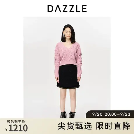 DAZZLE地素奥莱2023春季新款粉色浮雕logo提花镂空弹力袖毛针织衫图片