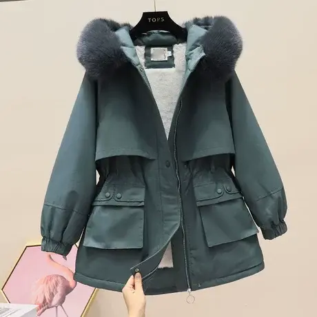 大毛领派克服棉衣连帽休闲抽绳棉服女中长款韩版加绒加厚外套冬季图片
