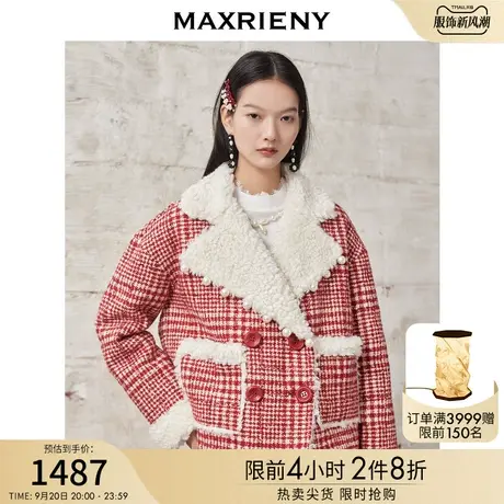 MAXRIENY圣诞千鸟格大衣冬季复古大翻领外套图片