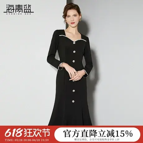 海青蓝赫本风气质连衣裙女2024秋装新款方领修身显瘦长袖鱼尾裙图片
