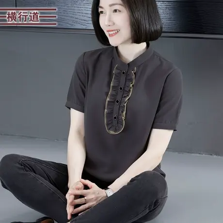 简约纯色立领木耳边宽松雪纺衫短袖2023夏季新款女装大码外穿小衫图片