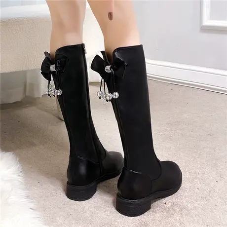 弹力小个子不过膝长靴女2023秋冬加绒显瘦蝴蝶结高筒靴粗跟骑士靴图片
