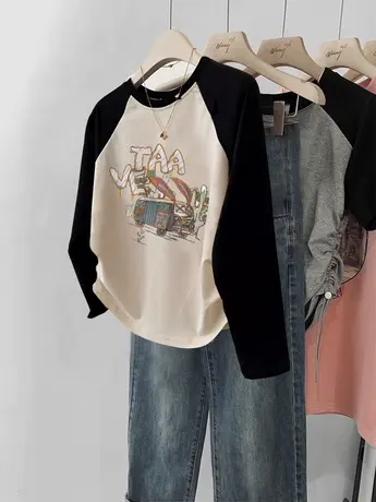 美式潮牌插肩长袖t恤女春秋设计感小众打底衫ins短款显瘦别致上衣商品大图