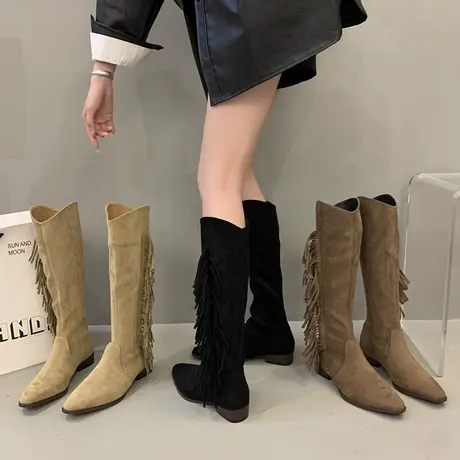 西部牛仔靴流苏设计感小众V口骑士长筒马丁靴网红爆款高跟骑士靴商品大图