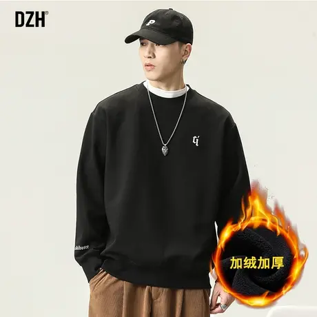 男士黑色圆领卫衣男加绒重磅秋冬款2023新款美式高街外套刺绣上衣图片
