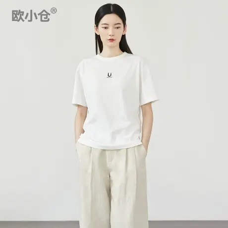 欧小仓 避暑系列吸引力小logo筋骨感双纱棉感圆领字母印花短袖T恤商品大图
