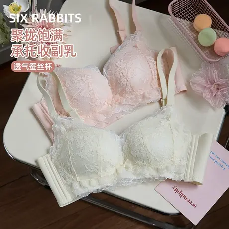 六只兔子蚕丝内衣女小胸聚拢收副乳防外扩透气蚕丝舒适蕾丝文胸罩商品大图